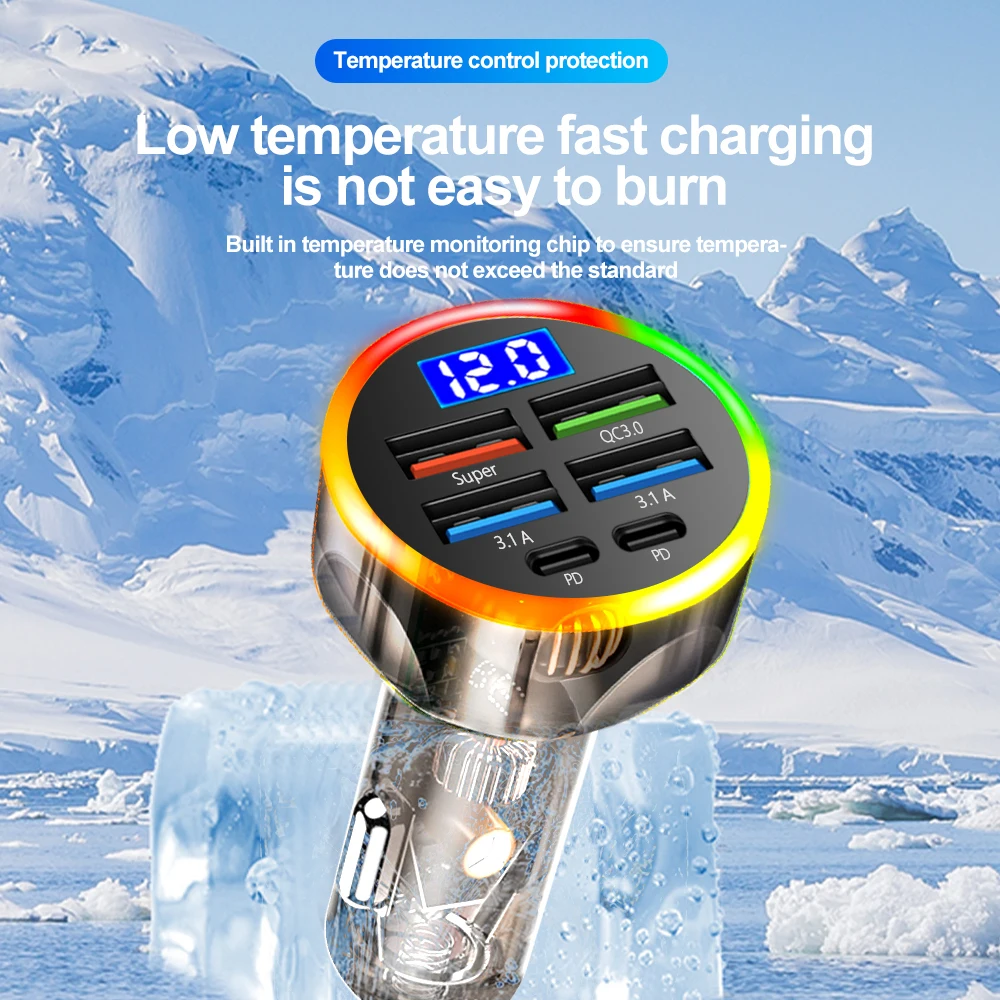 Car Charger with Digital Display 200W Multi Ports Fast Charging PD QC3.0 USB Quick Charging Adapter for iPhone Samsung Xiaomi