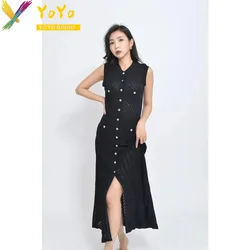 Elegant Formal Knit Black/Green V-neck Sleeveless Button Split Dress New Fashion temperament Slim Fit Chic Work Sweater Dress