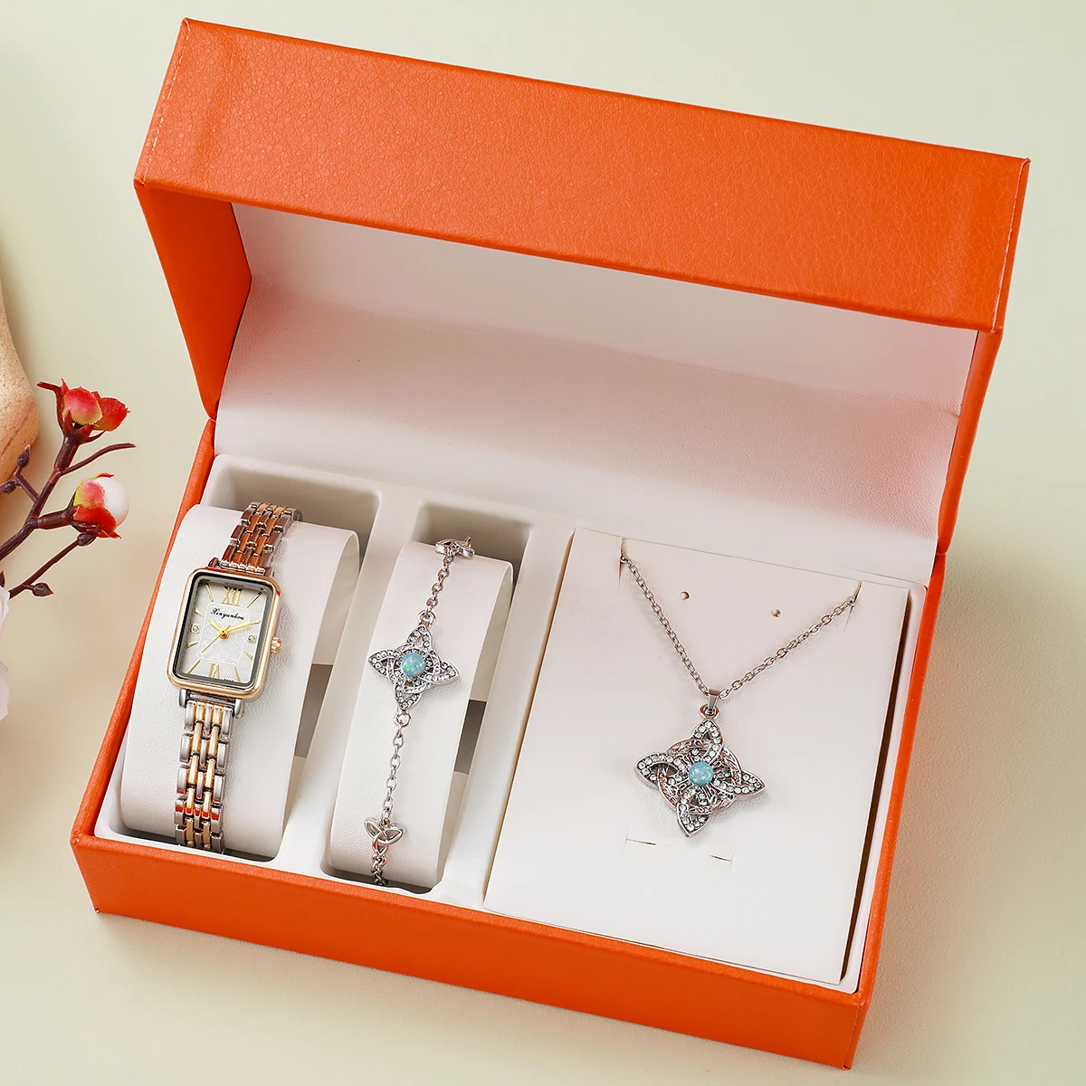 

Элегантный двухцветный комплект: часы с римскими цифрами и опаловым украшением - прямоугольные часы с римскими цифрами, колье и браслет с кристаллами и опалом, Sophistica