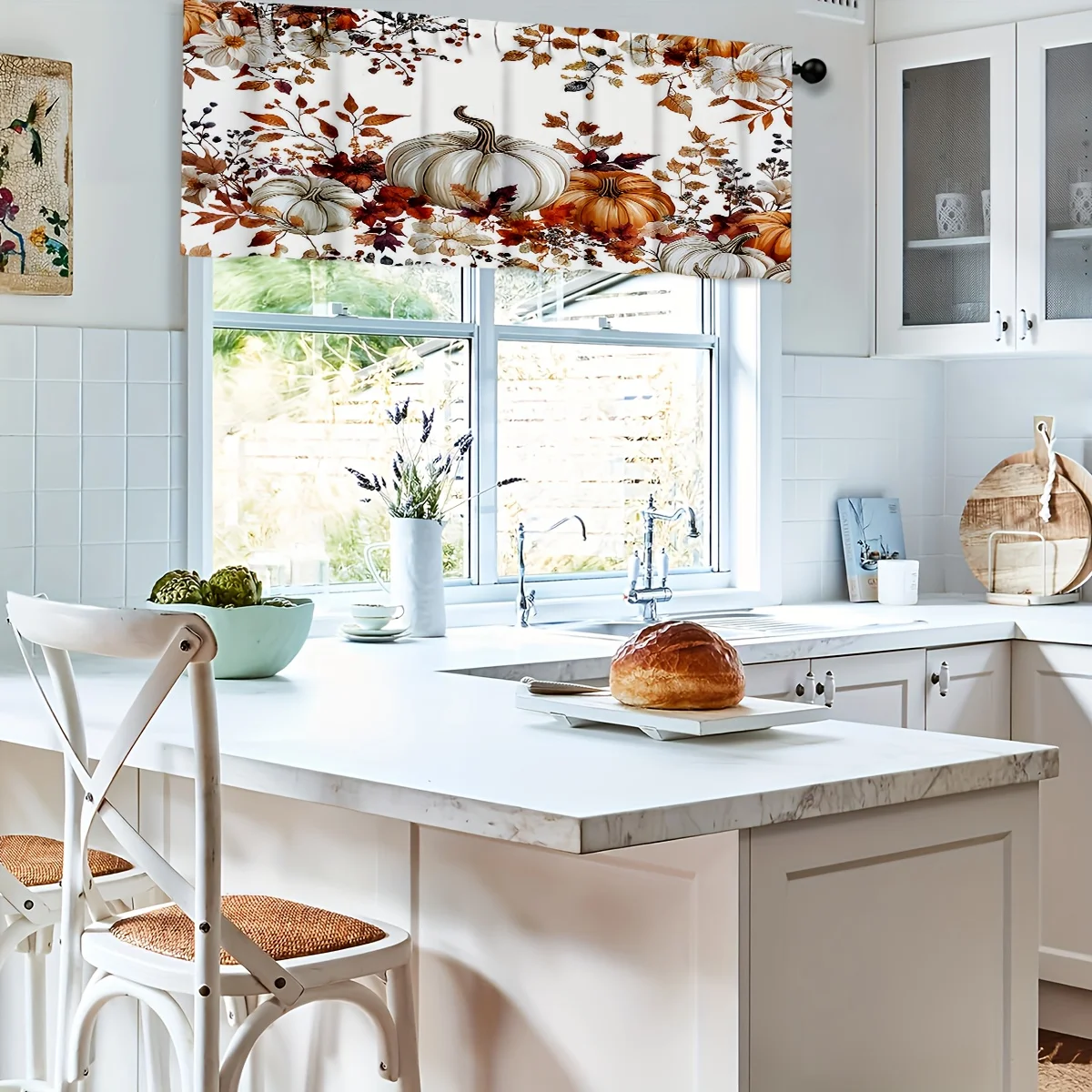 3PCS Vintage Fall Leaves Pumpkin White Flower Kitchen Curtain, Rustic Autumn Harvest Window Treatment Set for Kitchen Cafe Home