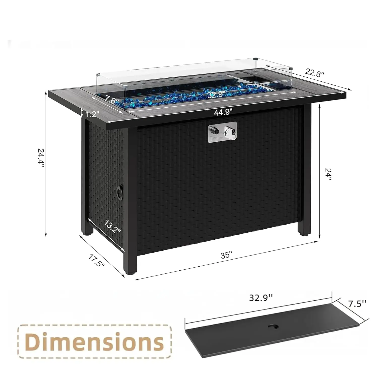 45 Inch Propane Fire Pit Table, 50000 BTU Gas Firepit Patio Dining, Glass Wind Guard Blue Rocks Cover, Customized