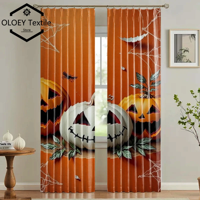 

Spooky Halloween Pumpkin Curtains - Cute Jack-o-Lantern Digital Print Blackout Drapes for Party Living Room Decor