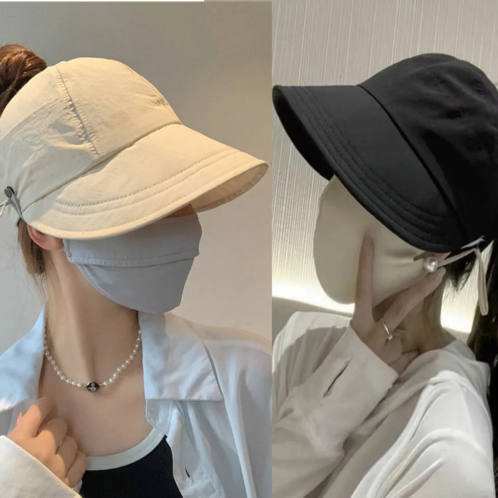 

Summer Baseball Cap Wide Brim UV Protection Sun Hat Empty Top Cap Ponytail Face Mask Hook Design Adjustable Hollow Visors Hat