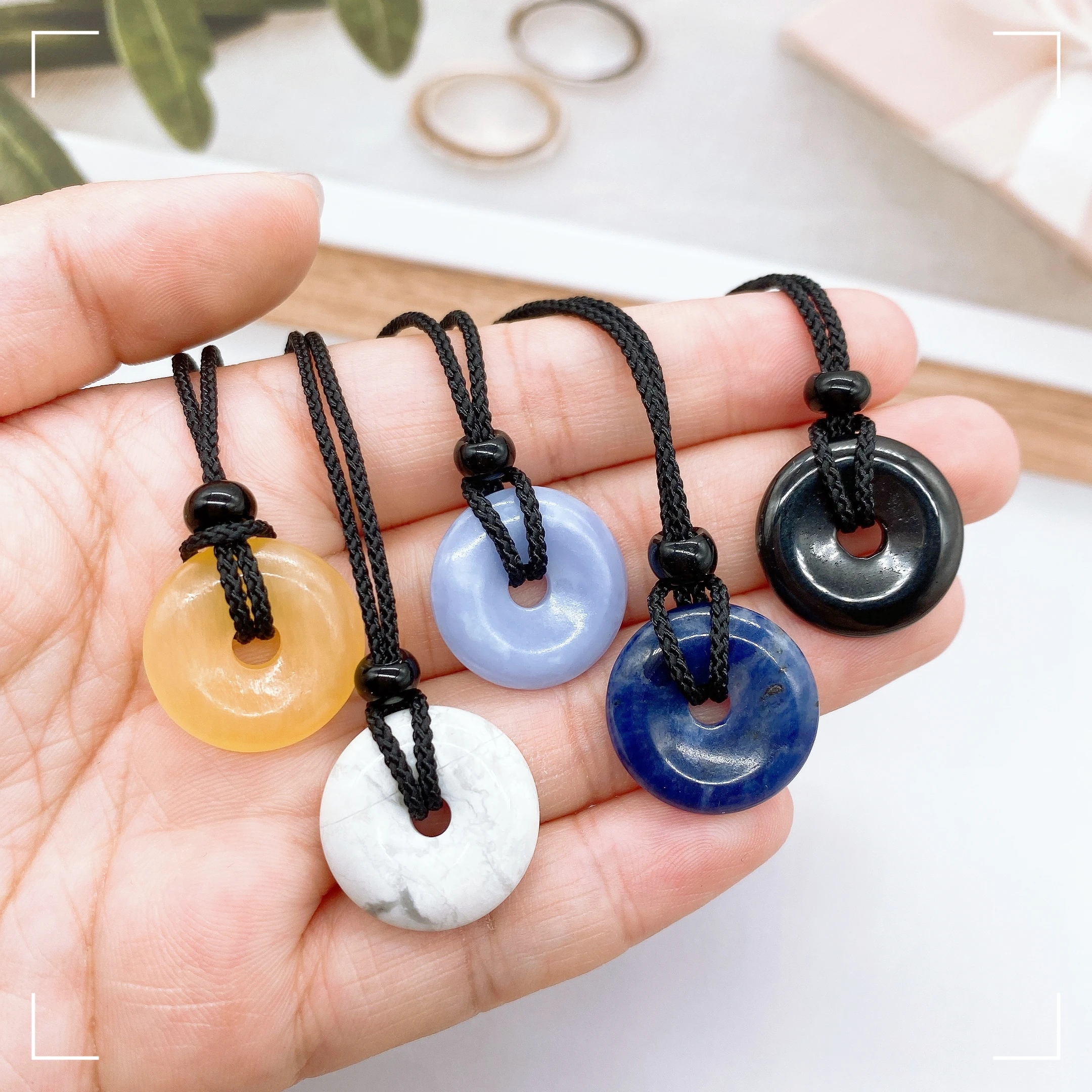 Natural Stone Crystal Large Hole Bead Pendant Necklace Jewelry Round Donut Pendant DIY Necklace Earring Ornament Home Decor Gift