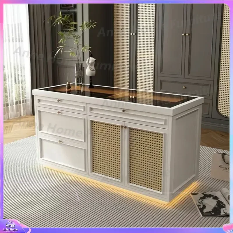 French Retro Solid Wood Mid Island Display Cabinet Jewelry Showcase with Drawers Floor Standing Storage Unit for Cloakroom
