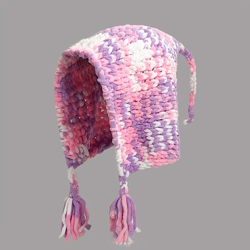 Women Chenille Beanie Hat Colorful Tassel Earflap Winter Warm Soft Pull-On Cap Autumn Winter Color Matching Yarn Warm Dress