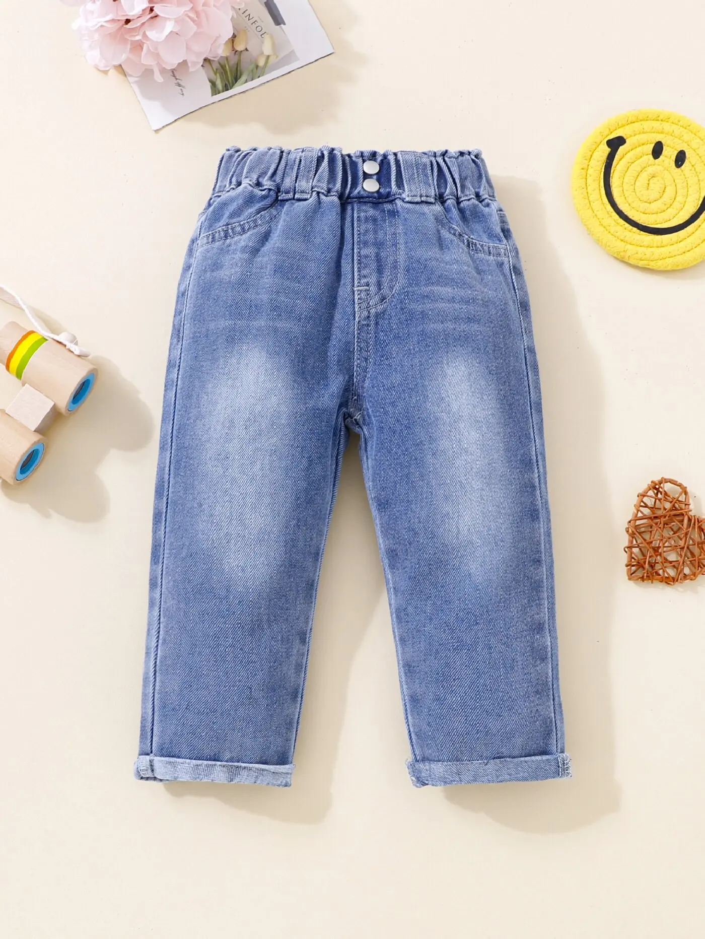 Denim pants for girls baby four seasons decorative white buckle spray cat whiskers elastic waist back pocket rolled denim blue