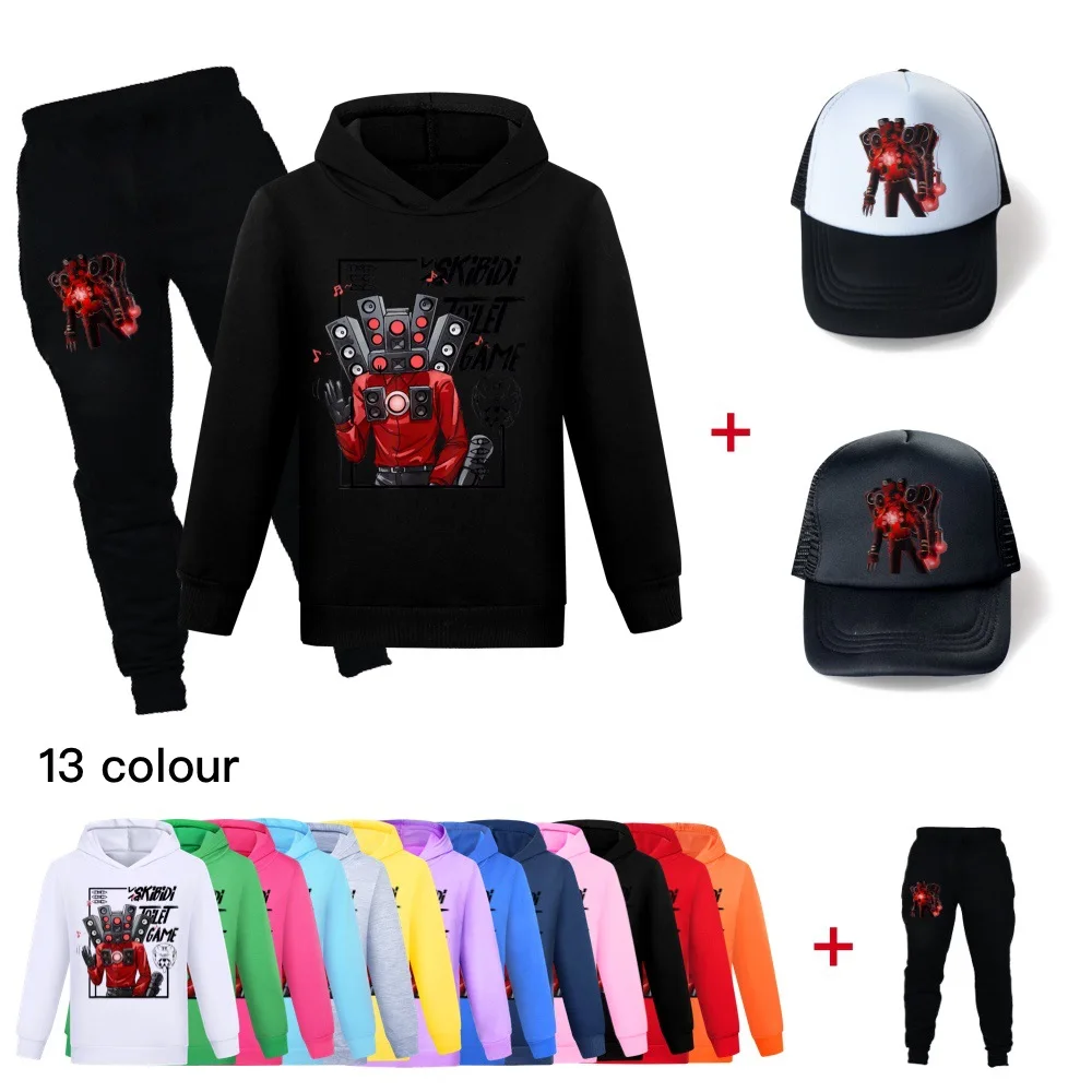 Shooting Game Skibidi Toilet Hoodie Kids Long Sleeve Tracksuit Boys Hoodies & Sweatpants Sunhats 3pcs Sets Toddler Girls Outfits