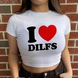 여성용 I Love Dilfs 티셔츠, 2000 년대 하라주쿠 여름 의류, 슬림 크롭탑, 반팔 레터 티셔츠, 귀여운 Y2K 패션