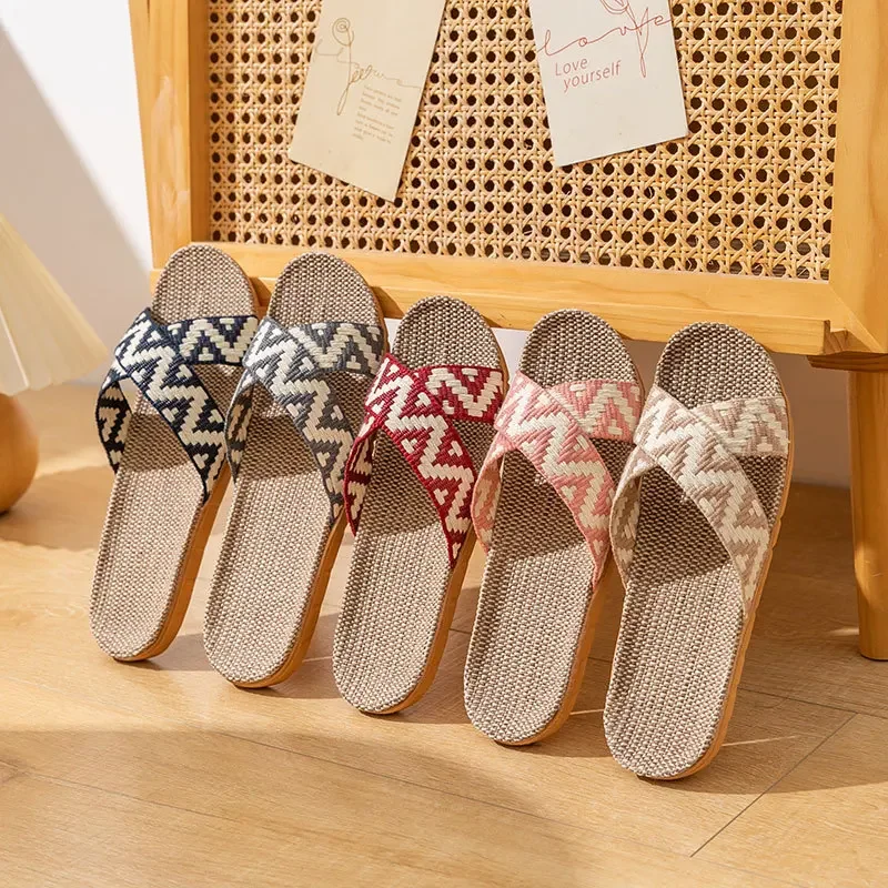 Linen Slippers for Home Use Thick Soled Summer Grass Woven Rattan Woven Men\'s and Women\'s Homes Indoor Anti Slip Anti Odor Feet