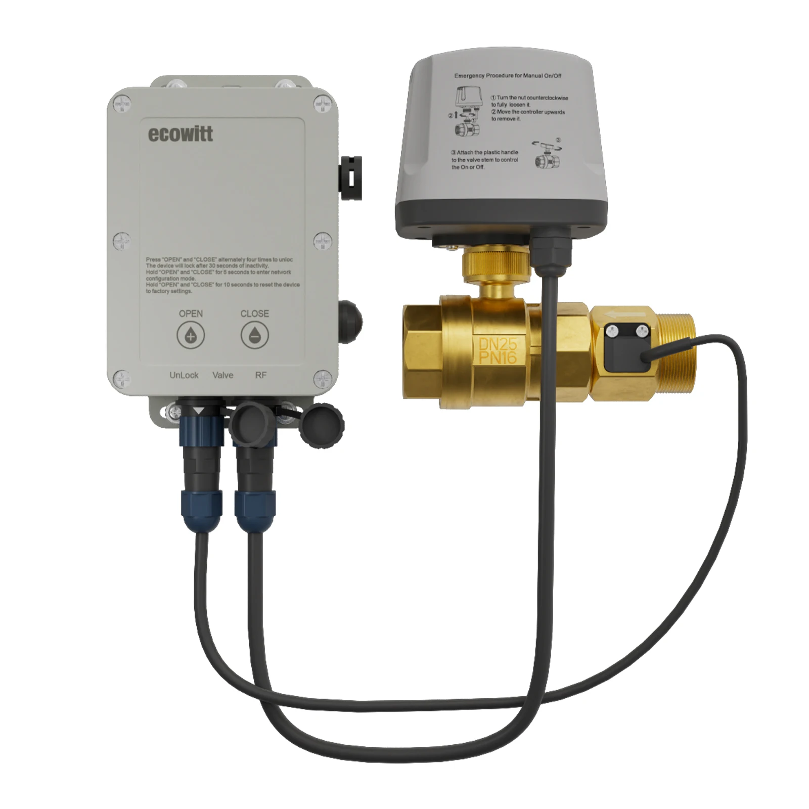 

Ecowitt WFC02 Smart Ball Valve Water Timer with Actuator, 1" / 2'' Brass Motorized Ball Valve & Flow Meter, BSP Threads