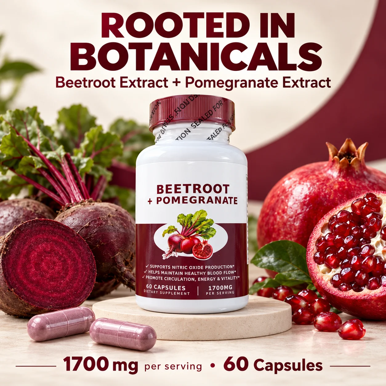 Beetroot Pomegranate Capsules 60 ct Nitric Oxide Support Healthy Blood Flow Circulation Energy Vitality Daily Dietary Supplement