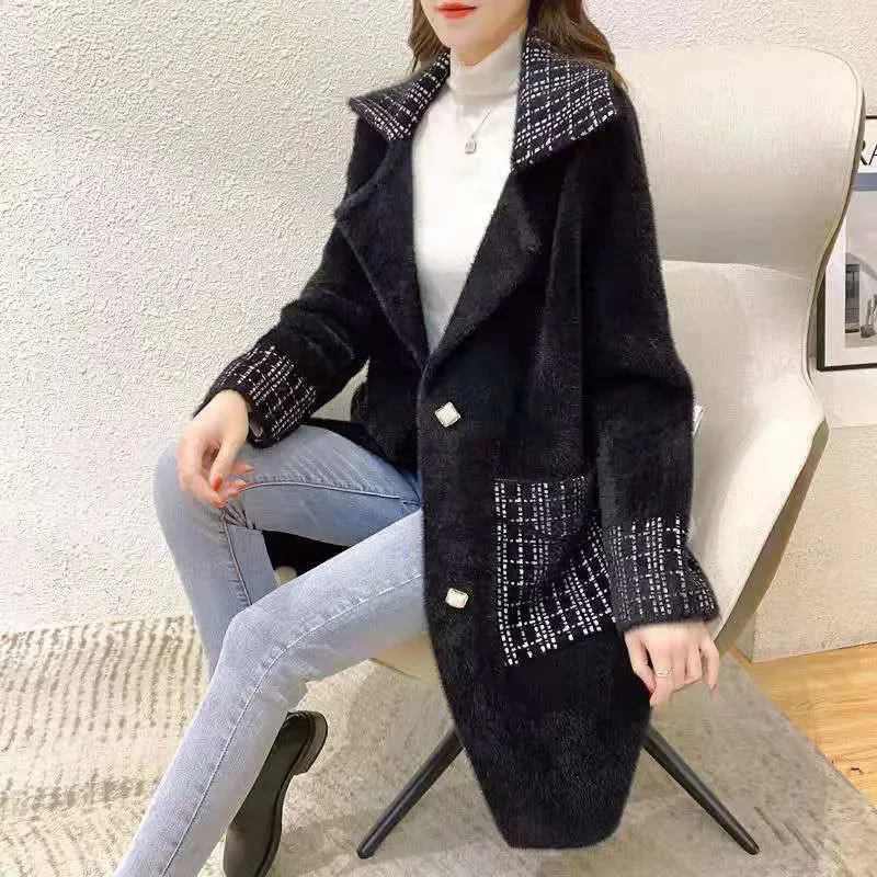 Chic Woolen Coat Women's Overcoat Fashion Suit Collar Loose Mid-Length Mink Fleece Coat Autumn Winter New Korean Warm Jacket