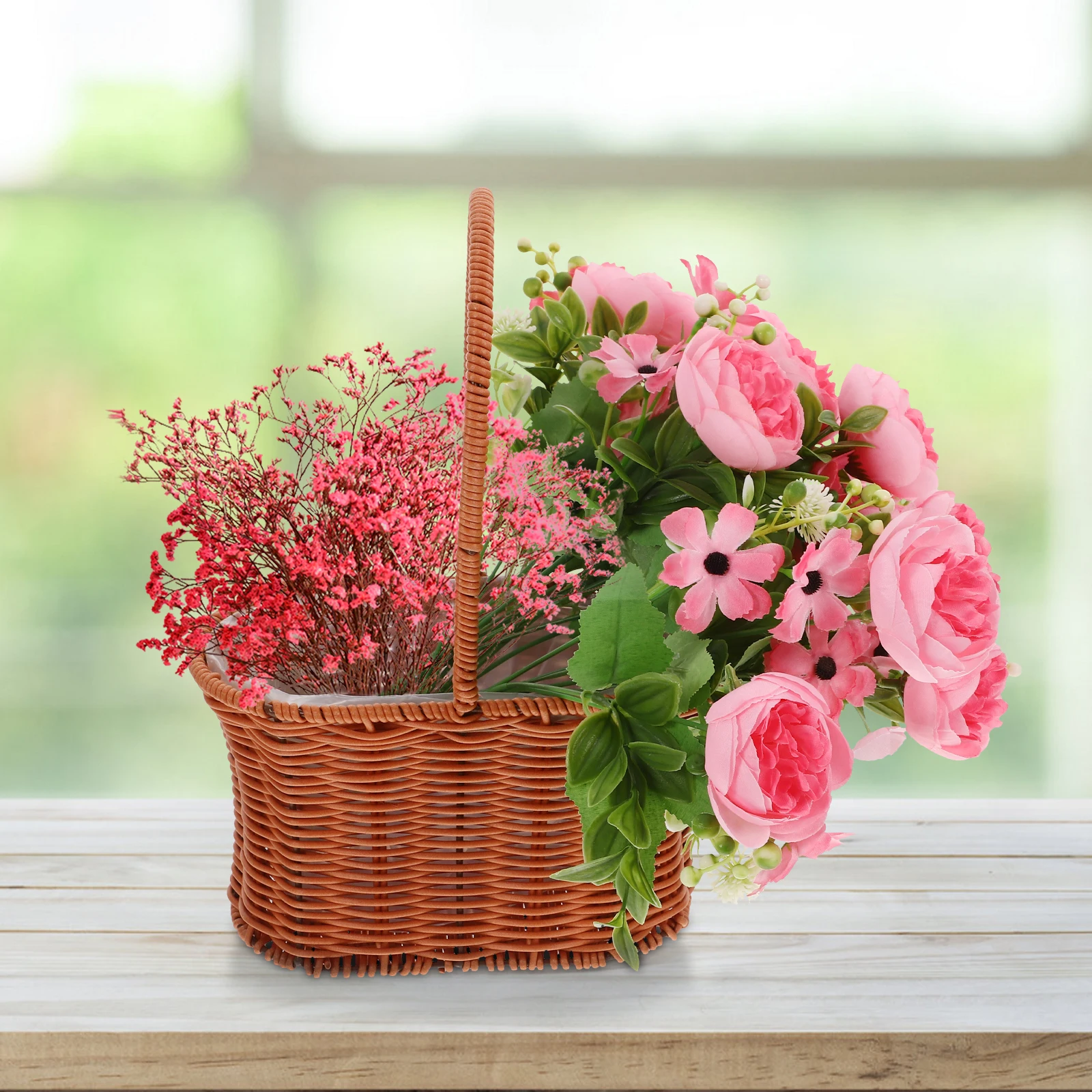

Waterproof Wicker Basket for Flower Arrangements Outdoor Portable Storage Baskets Rattan Picnic Gardening Holiday
