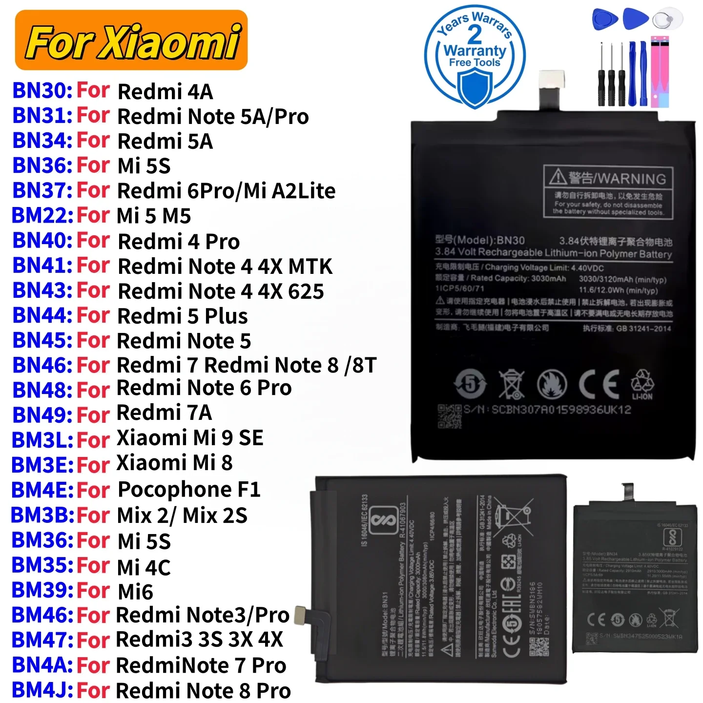 New For Xiaomi Mi Redmi Note Mix Max 2 3 3S 3X 5 5A 5S M5 6 6A 4 4X 4A 4C Mi6X 7 7A 8 9 MI9 Pro Plus Lite Lithium Battery+Tools