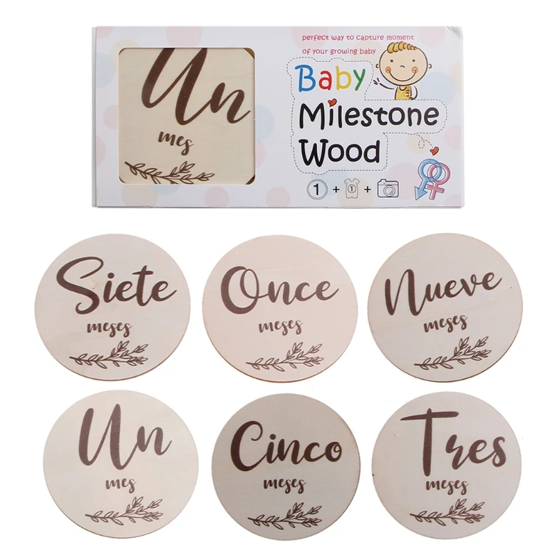 6 Pcs Wooden Spanish Letters Baby Milestone Cards Newborn Birth Monthly Recording Photo Cards Kids Growth Album Souvenir Props