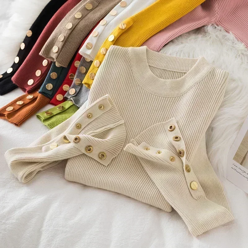 Women Autumn Winter Sweater Button Knitted Top Streetwear Solid Slim Pullover O Neck Streetwear Simple Chic Long Sleeve Jumpers