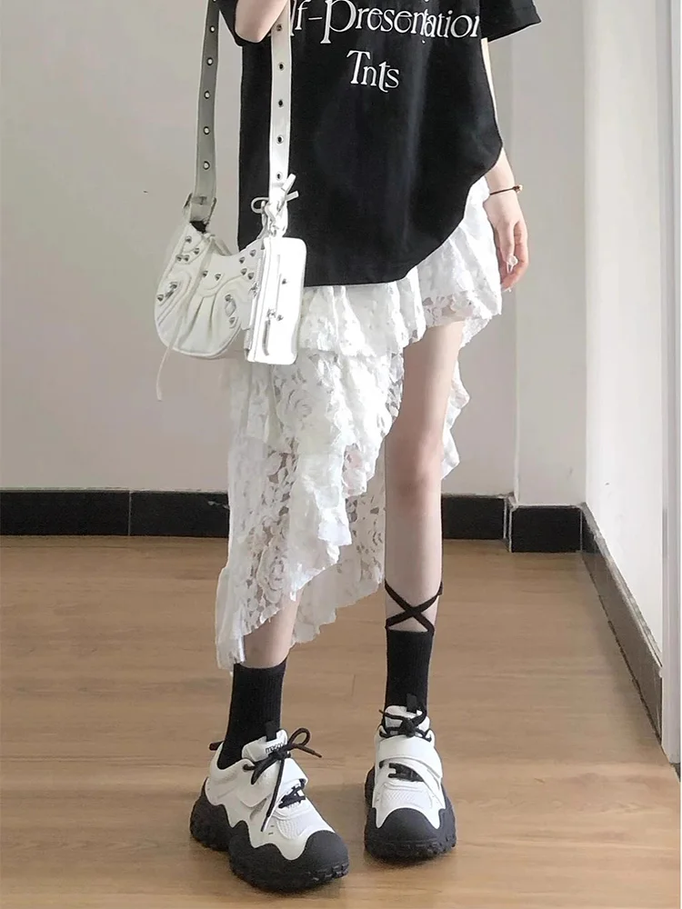 スパイシーガール ホワイト 不規則レース f スカート レディース 春夏新作デザインセンセーション 斜めミドル丈Aラインスカート