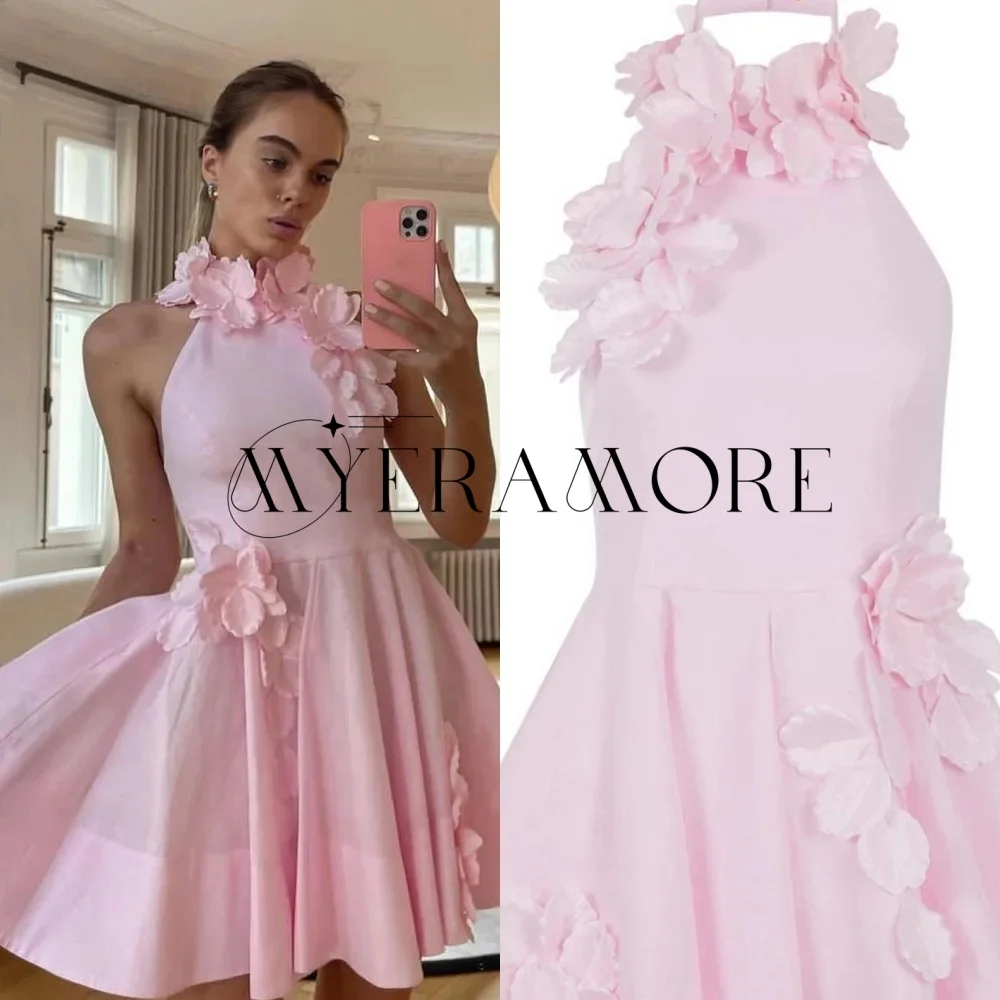 Fashion Flowers Halter Evening Dresses Pink Short A-Line Pleat Party Prom Gowns Customized فساتين سهره