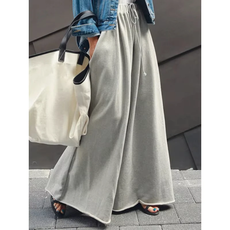 

Freeacy 2024 Spring Summer Elastic Waist Lace-up Loose Wide Leg Pants Stylish Solid Color Casual Bottoms Streetwears For Women