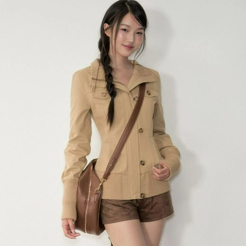 2026 Autumn New Fashion Workwear Coat Korean Retro Slimming Form-fitting Zipper Buttoned Semi-high-neck Short Jacket for Women