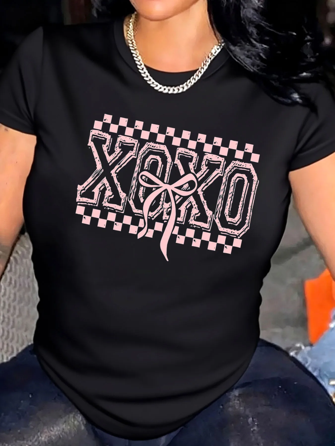 

Женская футболка больших размеров на день Святого Валентина Xoxo с клетчатым принтом, уличная одежда