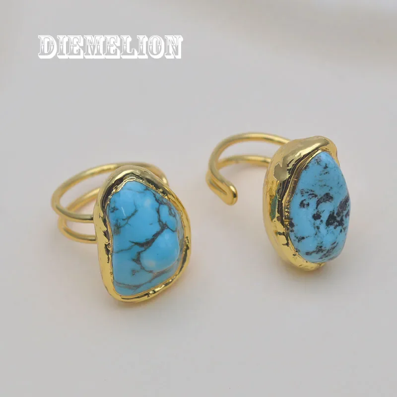 18K Vergulde Turquoises Ringen Onregelmatige Ruwe Minerale Blauwe Howliet Steen Verstelbare Ring Voor Man Vrouwen Feest Bruiloft Sieraden