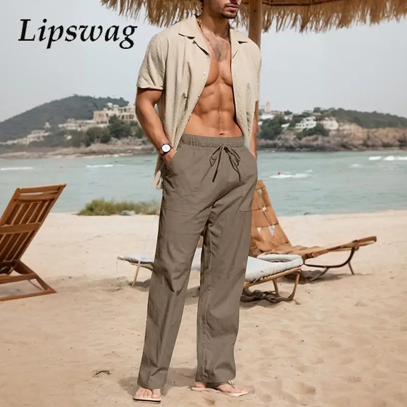 

2025 Summer New Fashion Pure Color Loose Straight Linen Pants Men Vintage Tie-up Breathable Trousers Beach Casual Pants For Mens