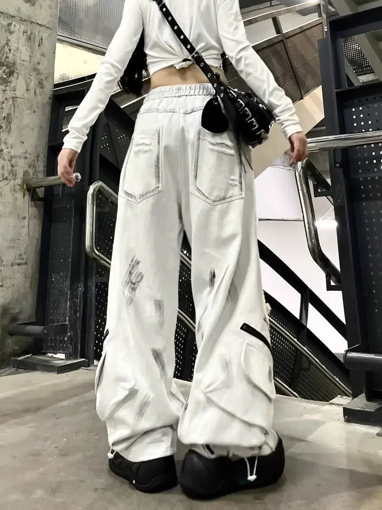 

Women Vintage White Ripped Cargo Jeans Female Harajuku Y2k High Street Baggy Denim Trousers Oversize 2000s 90s Streetwear Pants