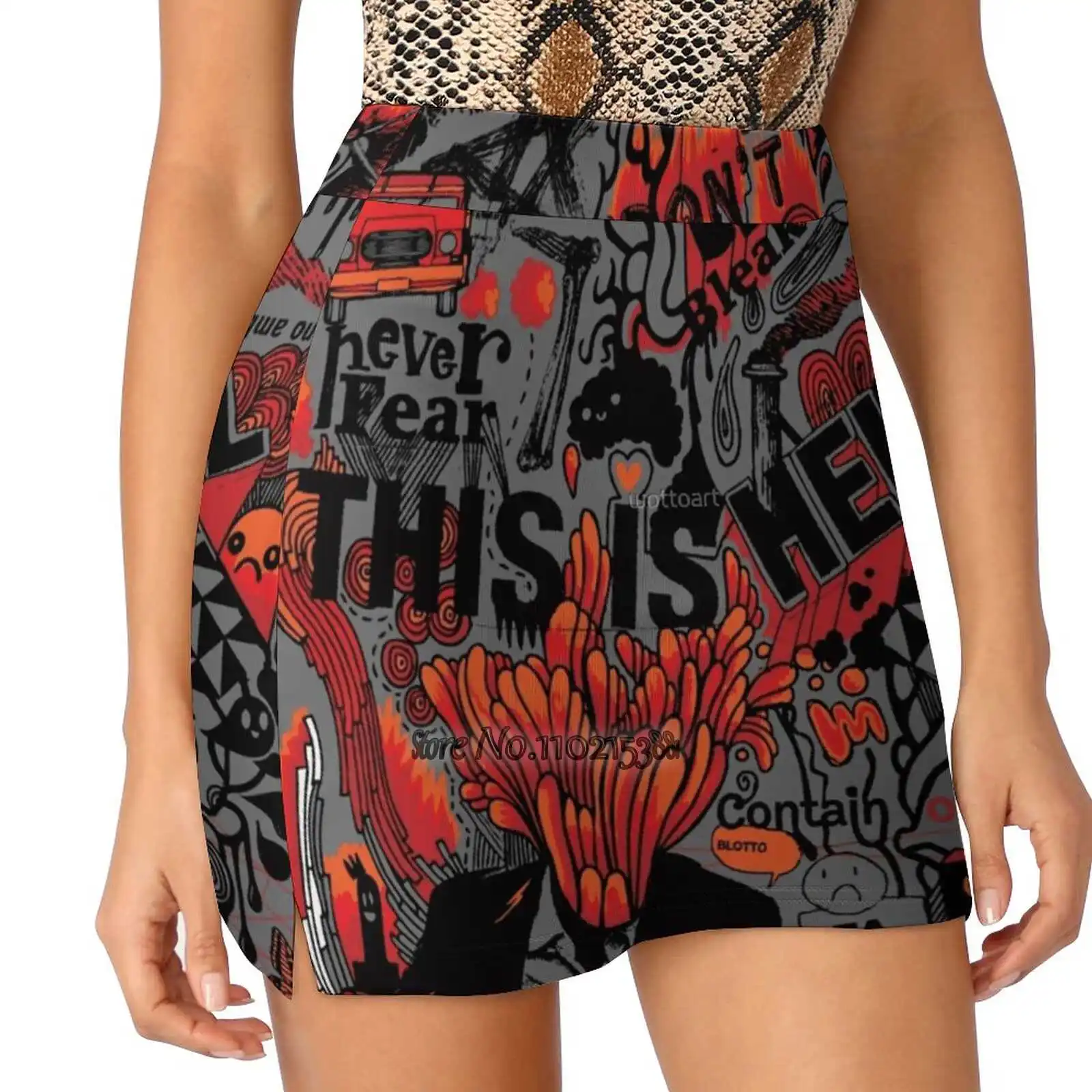 This Is Hell Women Mini Skirt Two Layers With Pocket Skirts Sport Fitness Running Skorts Collage Hell Doodles Fire Colors Weird