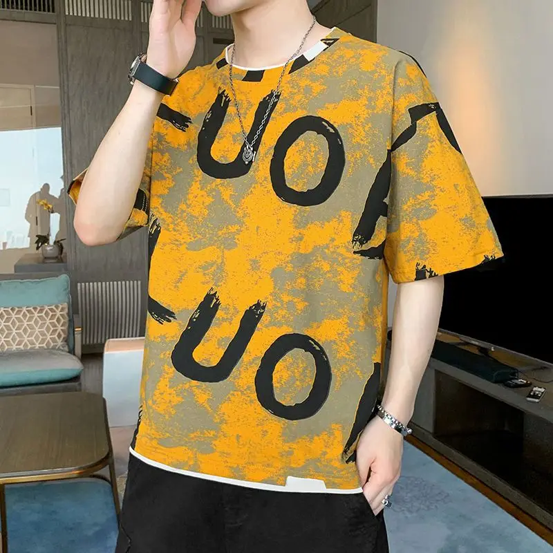 Fashion O-Neck Printed Spliced Fake Two Pieces T-Shirt Men\'s Clothing 2024 Spring New Casual Pullovers Loose Korean Tee Shirt