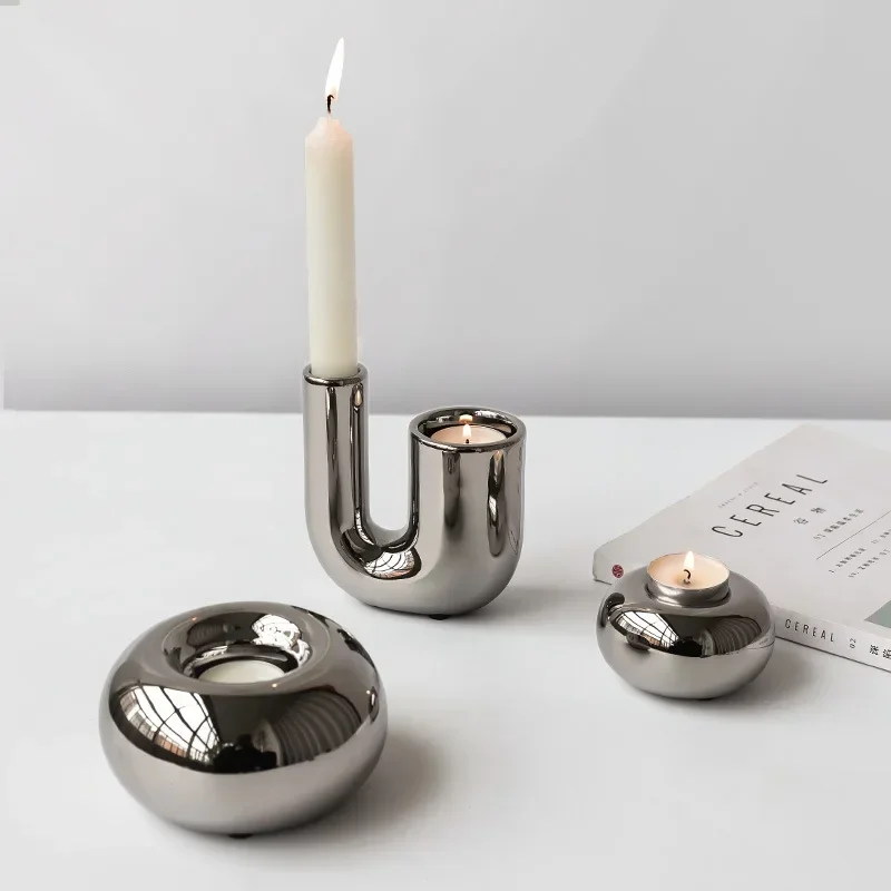 

Luxury Electroplating Silver Candlestick Holder Modern Living Room Office Art Decoration Creative Ceramic Cylinder Candle Holder