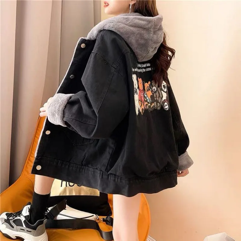 

2022 Winter Coat Women New Fashion Cashmere Bear Loose Denim Jacket Thickened Fleece Kpop Vintage Coat Clothes