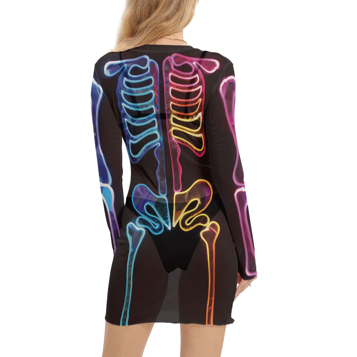 Nightclub Skeleton Dress Women Sexy Mini Mesh Dress Halloween Cosplay Robe Funny Carnival Breathable Outfit Music Festival Gown