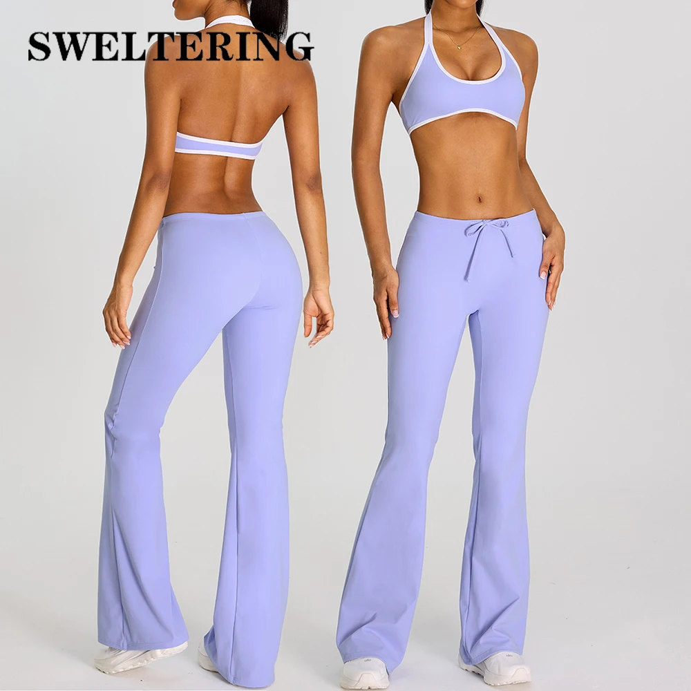 Contrast Color 2PCS Yoga Set Women's Workout Outfits Gym Tracksuit High Waist Flared Pants Sports Bra Suits Female Yoga Clothes