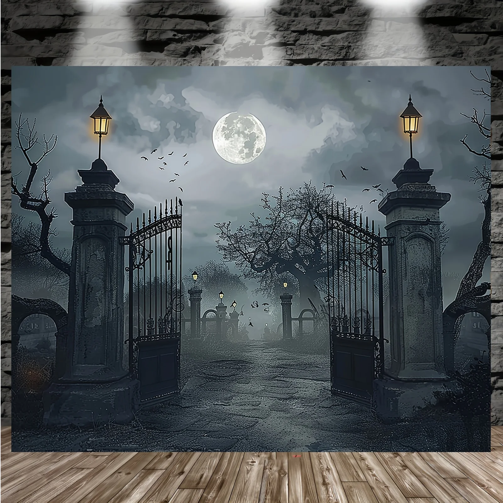 Halloween Background Banner - Ghost Cemetery with Full Moon and Bare Trees