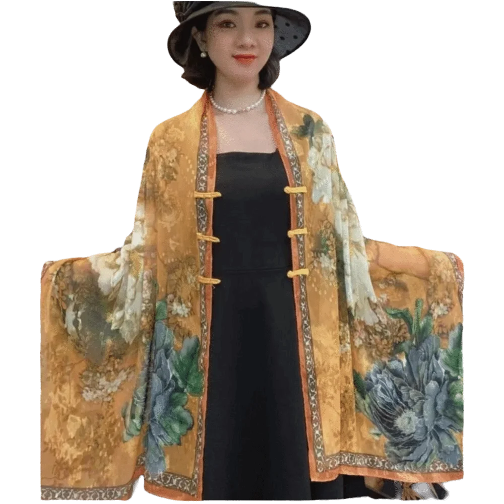

Модный шаль с пряжкой и принтом в стиле ретро, солнцезащитный крем, высококачественный женский шелковый шарф, универсальный шарф Tudung в китайском стиле, осень