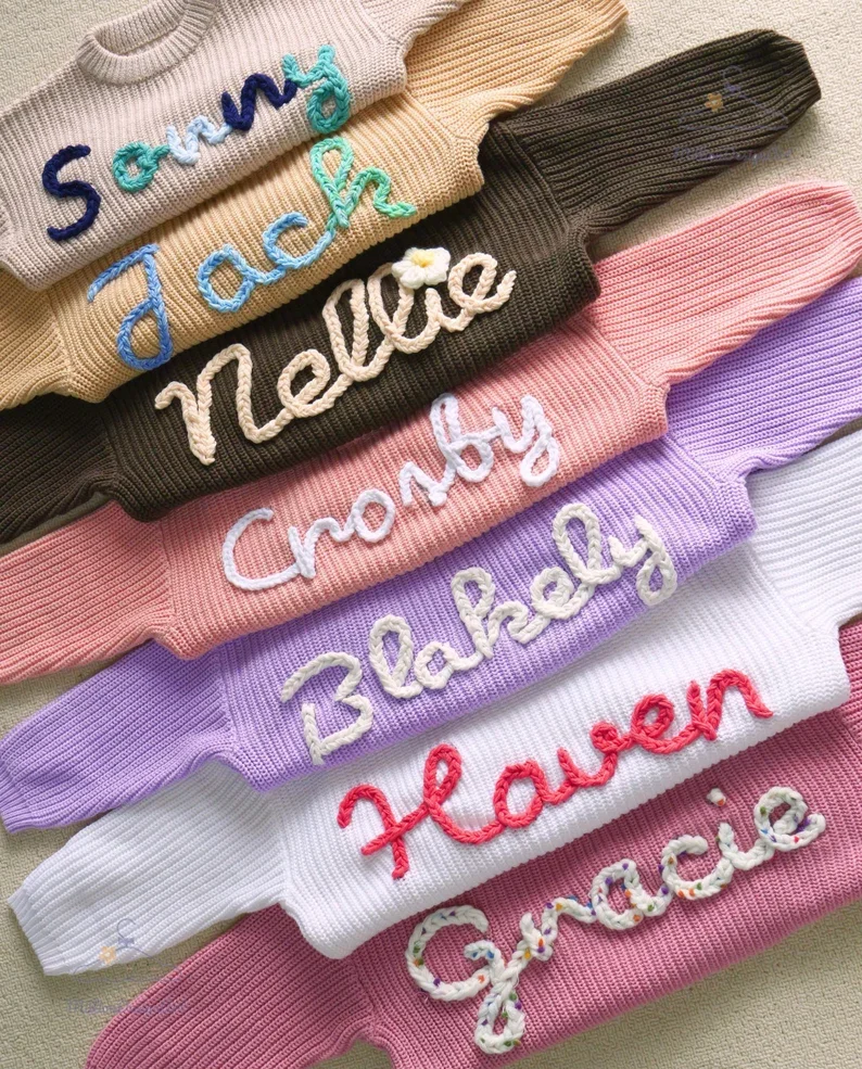 Personalized Hand Embroidered Name Sweaters Baby Knit Jumper Monogram Custom Name Sweaters Christmas gift Birthday Gift For Kid