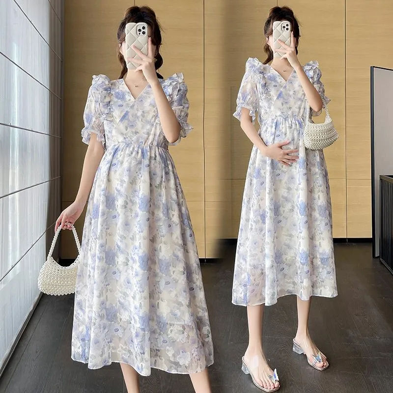 

2023 Breastfeeding Maternity Dress Creative Short-sleeved Printed Chiffon Dress Flower Pattern Short Sleeve Maternity DressLE985