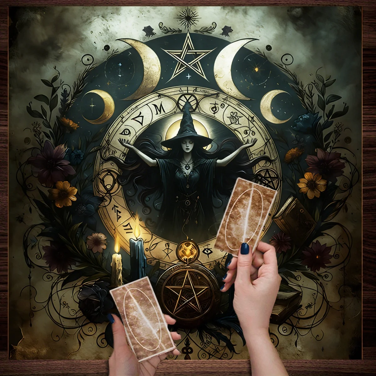 Tarot Cloth Small Tarot Cloth Three Card Spread 1Pc, Vintage Flower Altar Cloth, Moon Night Witch Magic Astrolabe Rune