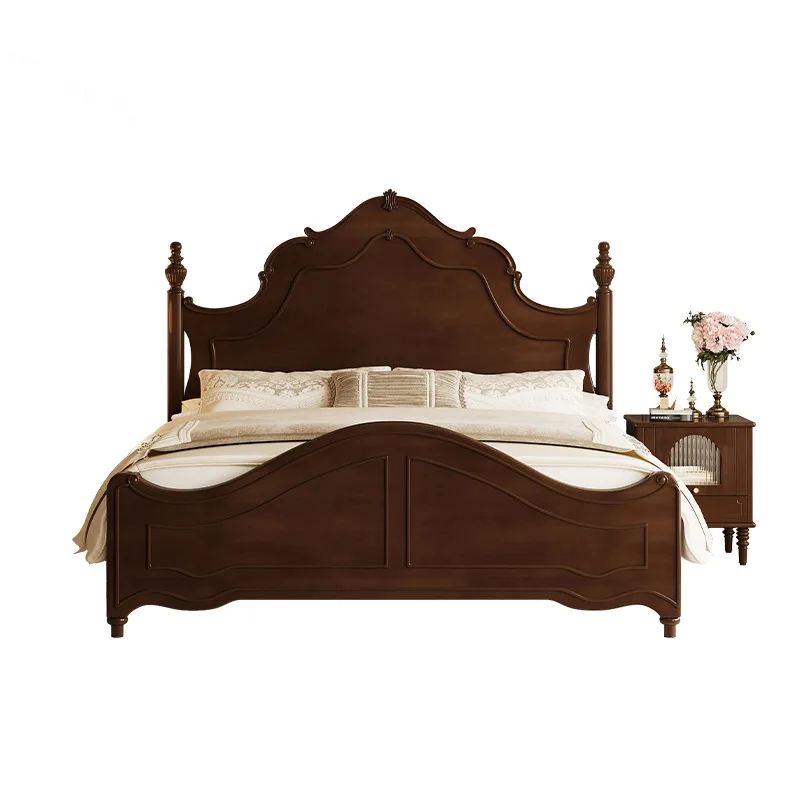 

American retro walnut color small apartment second bedroom 1.5 meters solid wood bed plus mattress solid wood