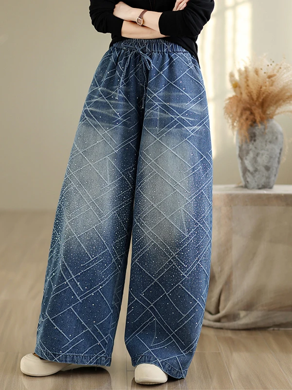 Casual High Waist Wide Leg Jeans Sparkling Rhinestones Elastic Loose Slimming Blue Cotton Polyester Blend Autumn Spring