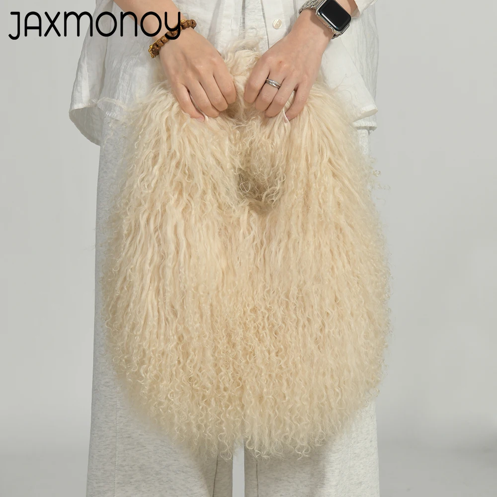 Jaxmonoy Women's Real Fur Bag Natural Mongolian Fur Clutch Ladies Fashion Sheep Fur Handbag Casual Fluffy Shoulder Bags 2025 New