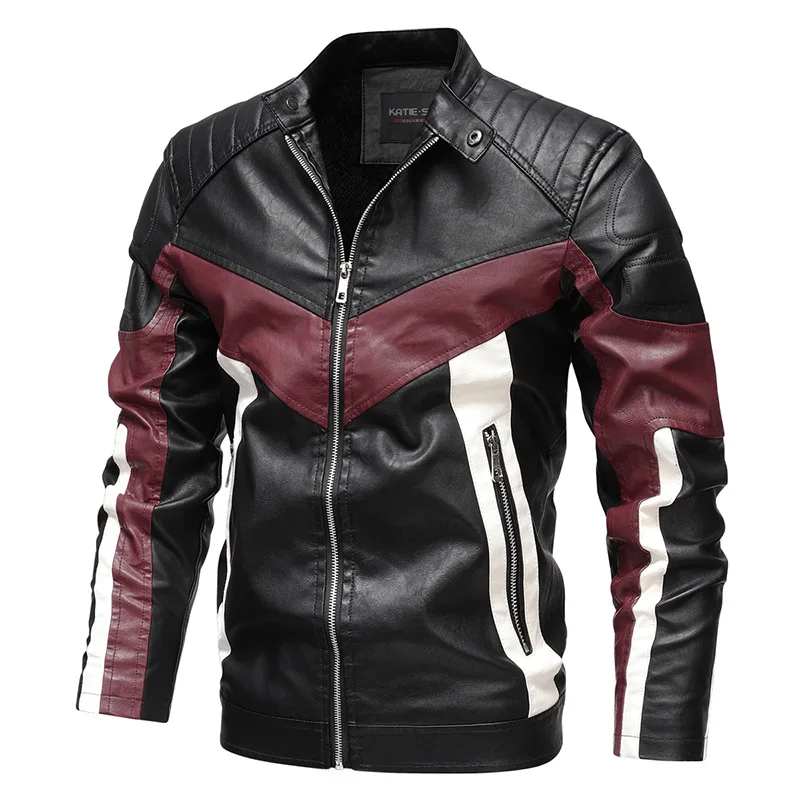 

Men's Leather Jacket with Stand Collar, PU Motorcycle Suit, Business Jacket, Color Matching, Autumn and Winter