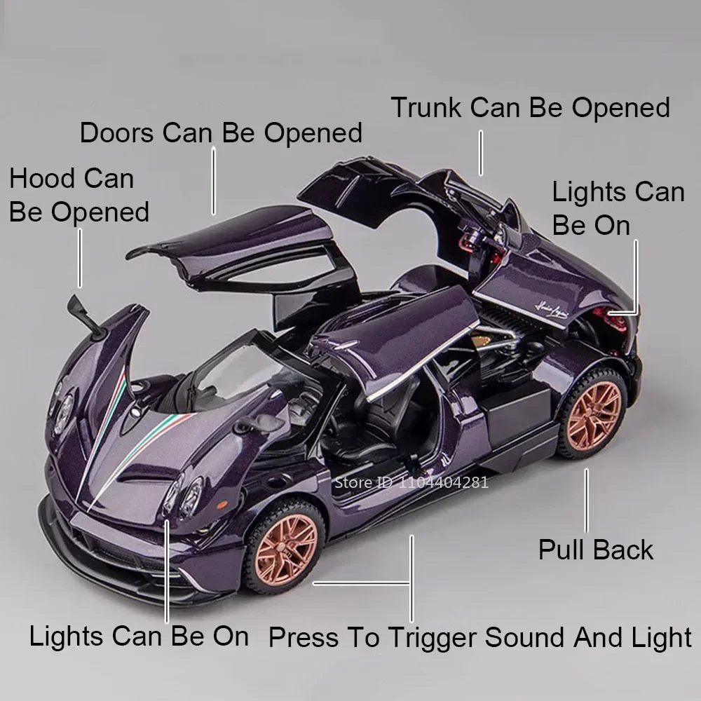 Pagani Huayra Dinastia BC, modelos de coches deportivos de aleación, juguetes fundidos, puertas, sonido abierto, luz, vehículos extraíbles, regalos para niños, 1:32