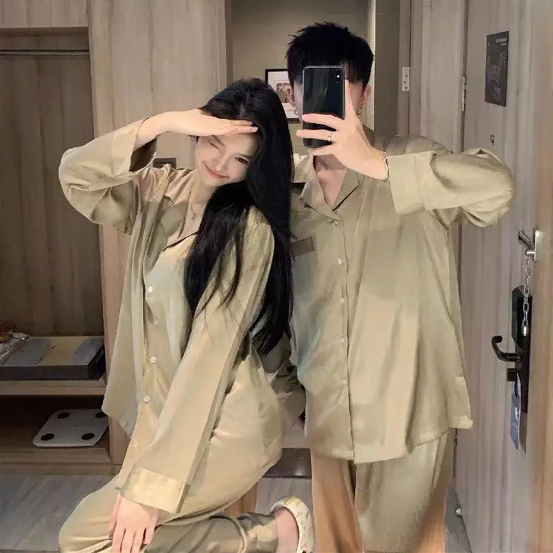 2024 New Couple Green Pyjamas Sets Ladies Long Sleeve Fashion Casual Sleepwear Pajamas Set Men Turn-down Collar and Button Home