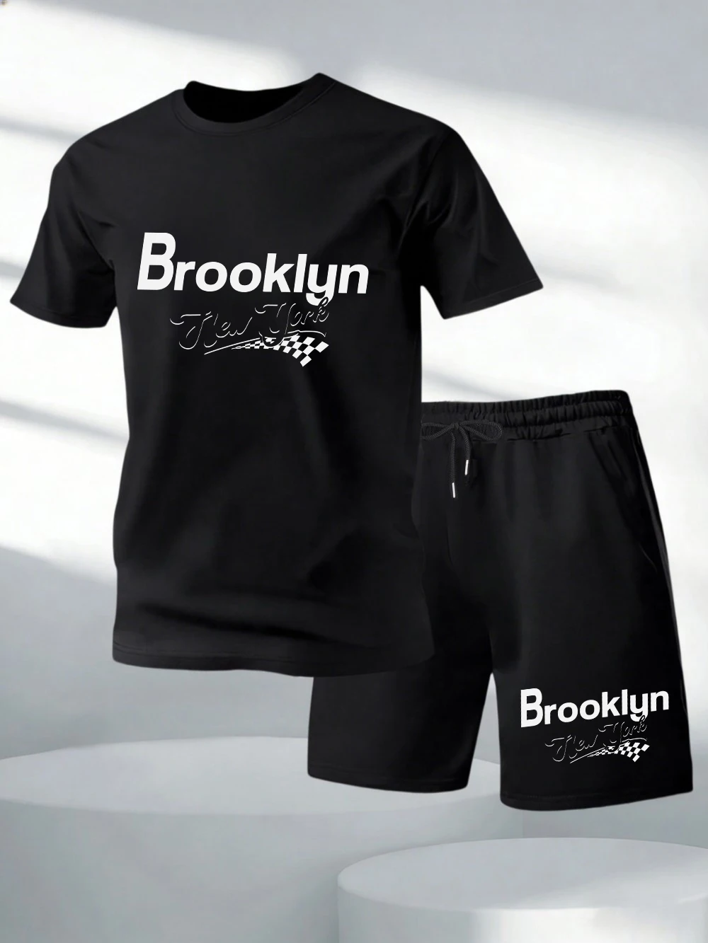 

Two Pieces Set Brooklyn New York Letter Printed Cotton Tops Shorts Mens Soft O-Neck Oversized T-Shirts Pocket High Waisted Pants