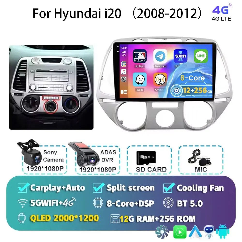 Android 15 Carplay Voor Hyundai i20 2008 2009 2010 2011 2012 Autoradio Stereo Multimedia Video Player WIFI Touchscreen - afbeelding 1