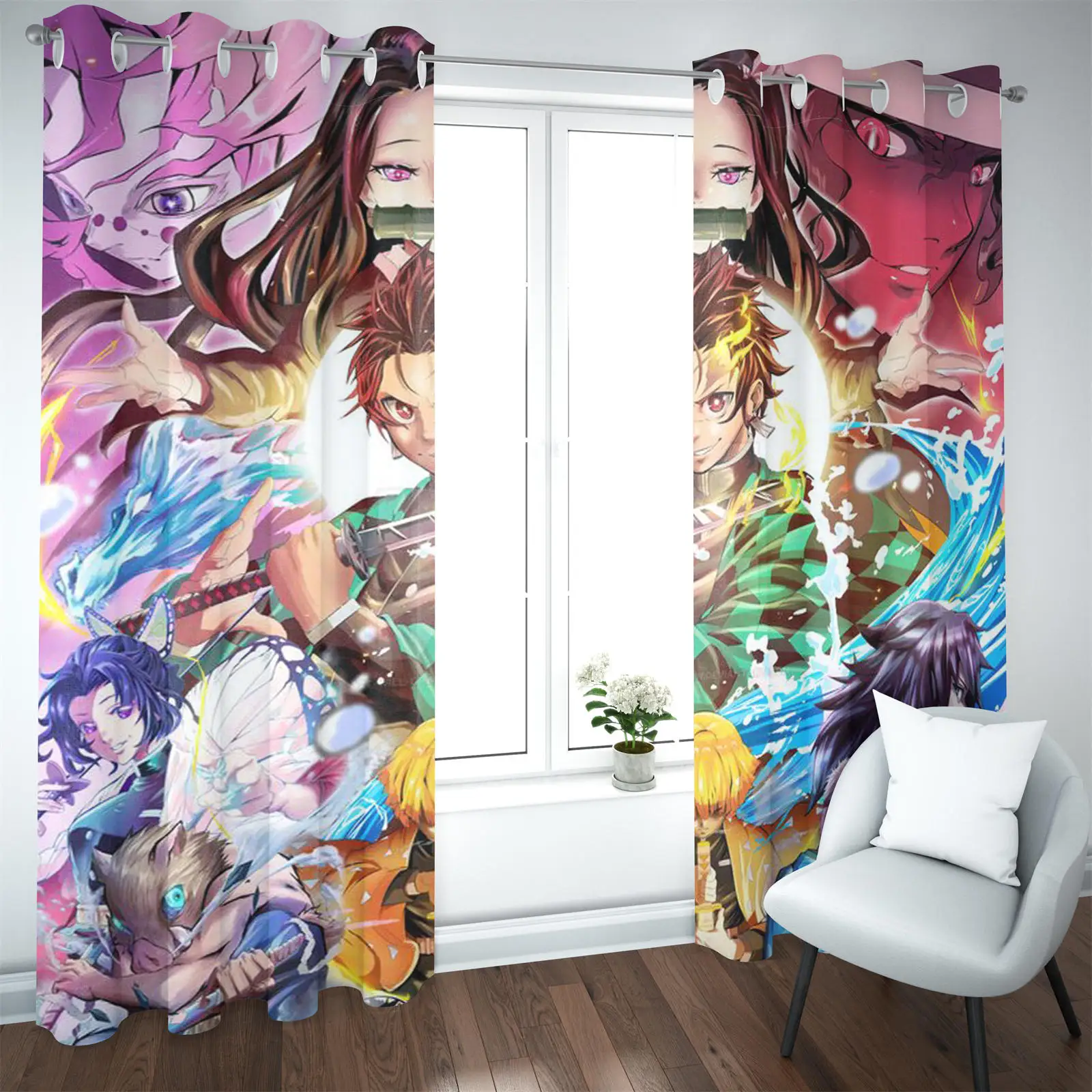 

Demon Slayer Printed Cortinas Home Decor Curtains For Living Room Bedroom Blackout Drapes Perforated 100% Polyester
