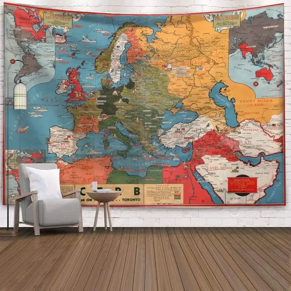 Tapiz Vintage con mapa del mundo de VIKAMA, tapiz decorativo para sala de estar y dormitorio, tela decorativa para pared Interior